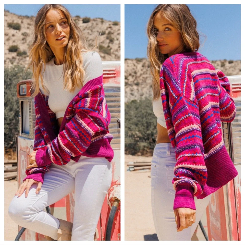 #33 Boho Fabulous Multi Color Strip Sweater Cardigan - Picture 3 of 7